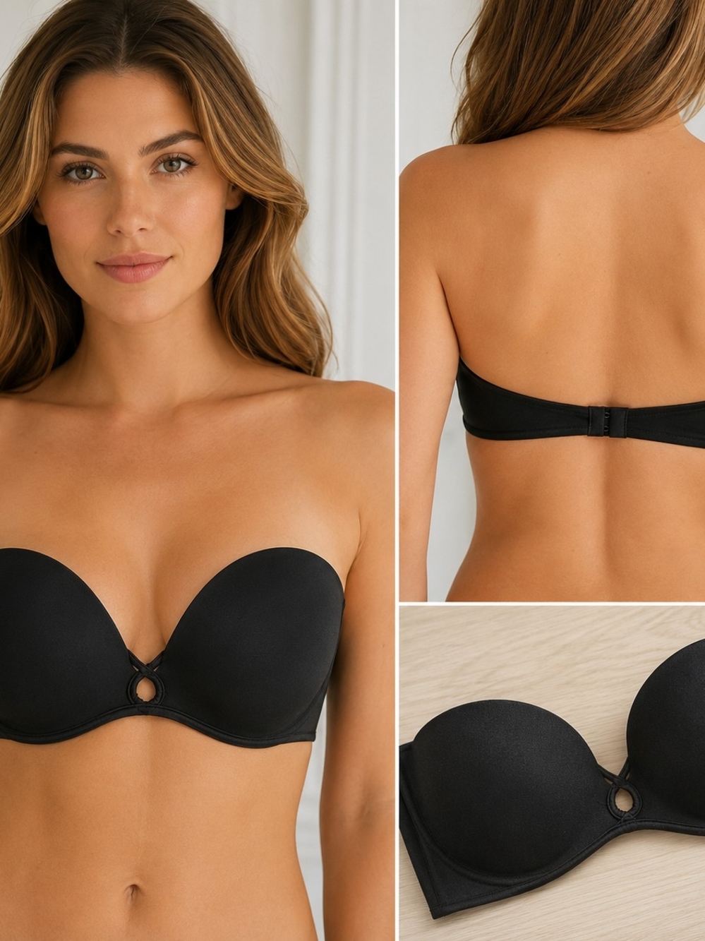 Victoria’s Secret Bombshell Strapless Bra 36C Black Padded Push‑Up